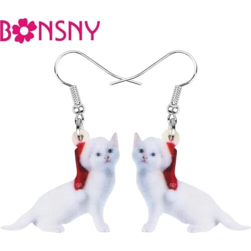 Bonsny Acrylic Christmas Hat White Cat Kitten Earrings Drop Dangle Animal Jewelry For Women Girl Teen Charm Gift Party Accessory