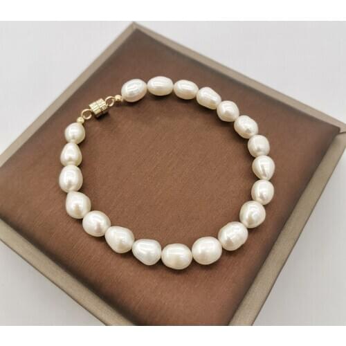 7mm Oval White Freshwater Pearls Bracelet Natural Pearl 14K Gold Filled Magnet Clasp Hand Made Pulsera Classic Elegant For Women