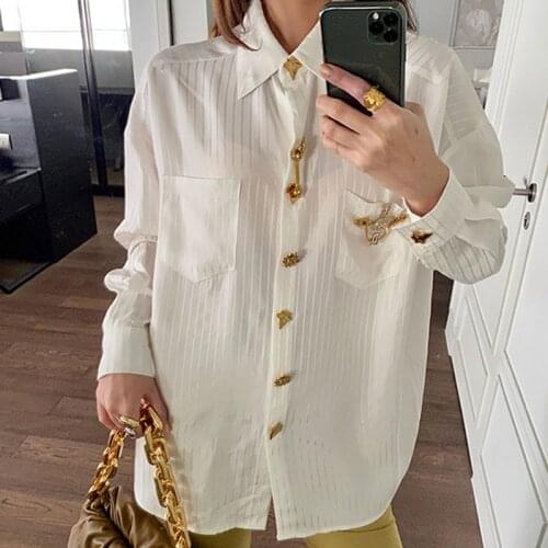 Brand Shirt Fashion Top Ladies Luxury Golden Logo Lapel Long Sleeve Casual Loose White Shirt Top Ladies Summer Fashion Shirt