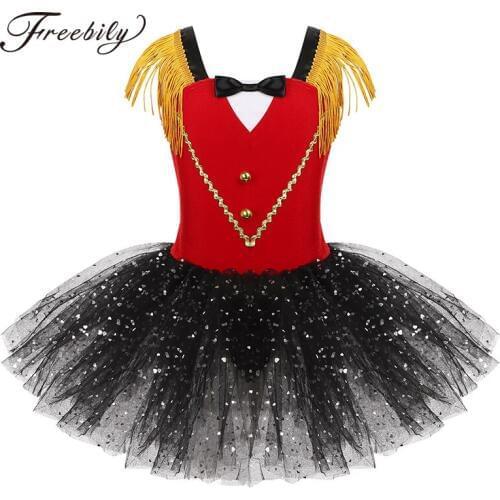 Kids Girls Halloween Ringmaster Circus Costume Tassel Sequins Mesh Tutu Ballet Dress Gymnastics Leotard Performance Dance Wear