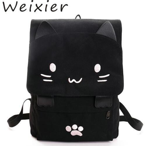 Cute Cat Canvas Backpack Cartoon Embroidery Backpacks For Teenage Girls School Bag Fashio Black Printing Rucksack AA-80