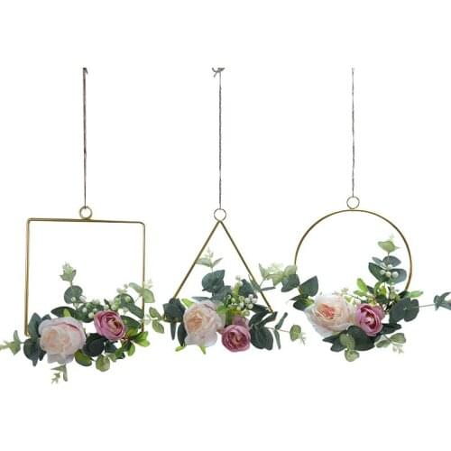 Artificial Rose Flower Geometric Iron Wreath Living Room Bedroom Door Garland Wall Hanging Home Decoration Wedding Supplies