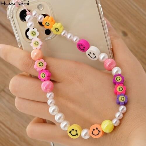 Imitation Pearl Mobile Phone Chain Smiley Face Colorful Flowers Soft Ceramic Daisy Beaded Mobile Phone String for Women HUANZHI