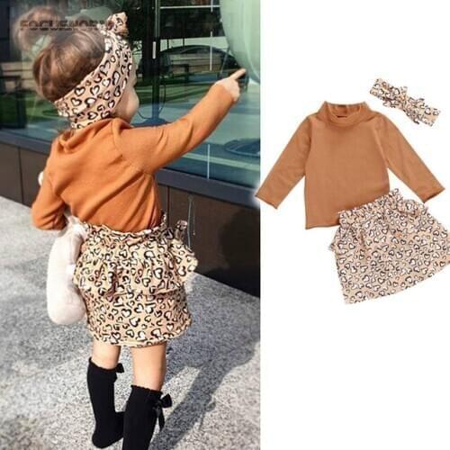 Toddler Baby Girl Clothes Solid Turtleneck Long Sleeve Top Shirt+Ruffled Heart Print Mini Skirt+Headband 3PCS Outfit Set