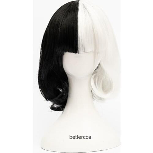 CRUELLA de Vil Short Black White Ms. Spot Hair Deville Dalmations Heat Resistant Cosplay Costume Wigs + Wig Cap