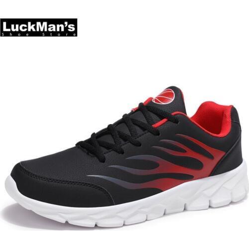 LuckMan 2019 Autumn Mens Casual Shoes Light Weight Lace-Up Loafers Men PU Leather Fire Print Male Sneakers Men Plus Size 47