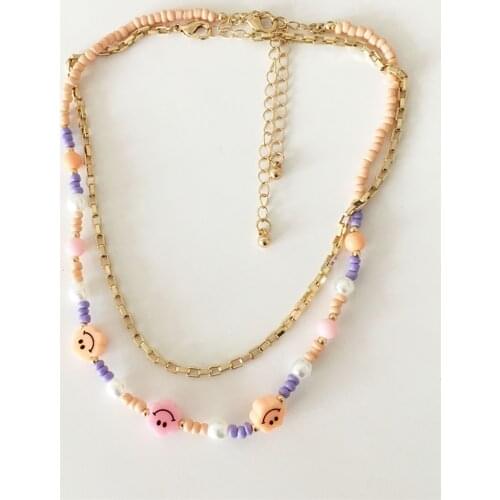 Lovely Gold Color Plating Smiley Charm Creamy Peach Purple Bead Pearl Strand Layered Necklace For Women Girl Elegant Jewelry