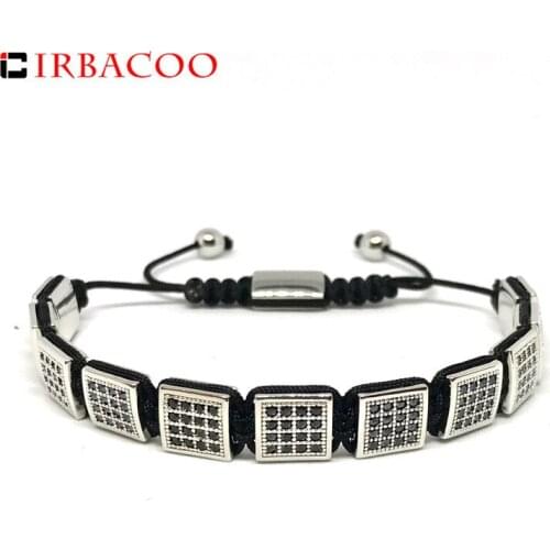 IRBACOO 2020 Luxury Gold Bracelet Men Pave Cubic Zirconia Flat Beads Braided Macrame Charm Bracelets For Men Pulsera masculina