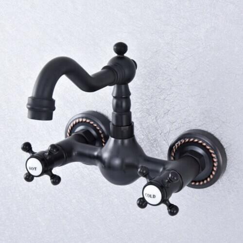 Wall Mounted Bathroom Kitchen Faucet Dual Handle Black Bronze Hot and Cold Water Tap 360 Swivel Spout Kitchen Mixer Tap Lsf720