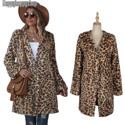 Winter Thick Plush Overcoat for Women Leopard Printed Jacket Long Cardigan V-Neck Slim Long Overcoat Fashion Tops