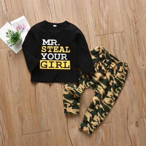 Casual Autumn Baby Boy Clothes Set Kids Clothing Sets Letter Printed Long Sleeve Sweatshirt+Camo Pants 2PCS Tracksuit Set