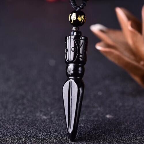 Drop Shipping Mens Necklace Pendant Natural Black Obsidian Carved Buddhist Instrument Pendant Gift for Lovers Fashion Jewelry