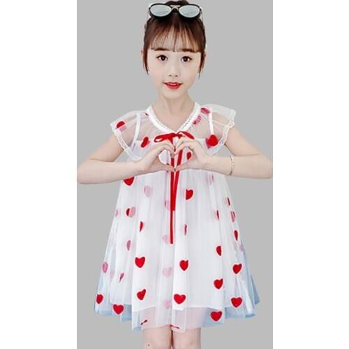 Girl Mesh Dress Heart Pattern Girls Dresses With Bow Casaul Children Summer Dress V Neck Childrens Clothing