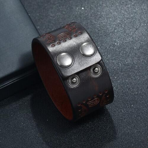 Vintage Wide Genuine Leather Bracelets for Men Punk Printing Wristband Wrap Bracelet Women Homme Jewelry Gifts