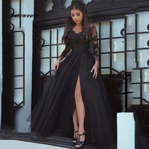 Sexy Slit Black Prom Dresses Lace Long Sleeve Elegant Formal Evening Gowns Party Long Prom Dresses For Woman vestidos de gala