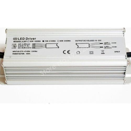 CE Certified IP67 70W 2100mA Led Driver DC 18V - 35V Power Supply AC 110V 220V 277V for 10 series 7 parallel LED lights