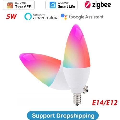 E12/E14 Tuya Zigbee 3.0 Smart Candle Bulb RGBCW 5W LED Lamp Bulb APP Smart Life Home Voice Control Works With Alexa Google Home