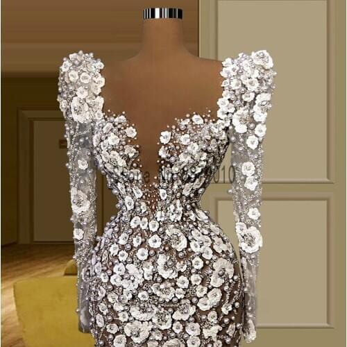See Through Sexy Long Sleeve Evening Dresses Illusion V Neck Luxury Heavy Beading Mermaid Evening Gowns Arabia Formal
