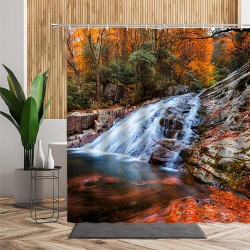 Autumn Forest Waterfall Natural Scenery Deciduous Stone Plants Family Bathroom Curtains Waterproof Machine Washable With Hooks