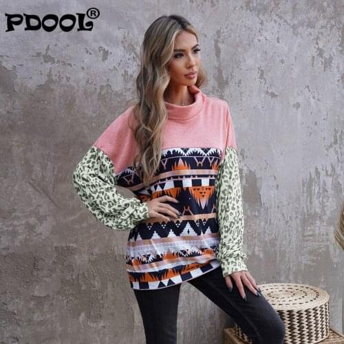 Womens Sweater Autumn and Winter European and American New Leopard Stitching Lantern Sleeve High Neck Elegant Long Sleeve Top