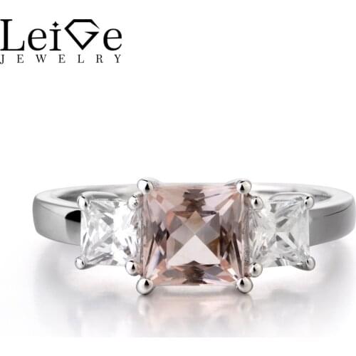 Leige Jewelry Natural Pink Morganite Ring Engagement Ring Princess Cut Pink Gemstone 925 Sterling Silver Gifts for Girlfriend