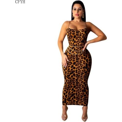 Leopard Print Sexy Summer Dress Women Spaghetti Strap Ankle Length Midi Dress 2019 New Sexy Bodycon Dress
