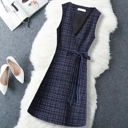 Spring autumn small fragrance tweed sleeveless woolen dress women v-neck slim a-line vest dress