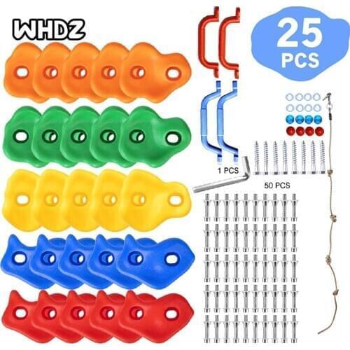 DIY Rock Wall Holds of 25pc Climbing Holds, 1pc Knotted Climbing Rope - Kids Rock Climbing Holds Rock Wall Climbing Kit
