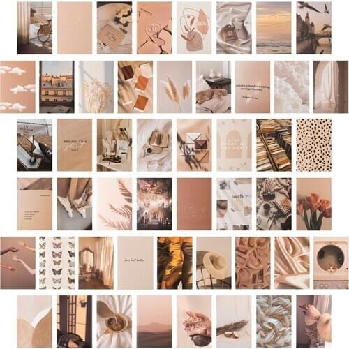 50Pcs Beige Aesthetic Pictures for Wall Collage Boho Cards Cream Collage Print Kits Warm Color Room Wall Bedroom Decor for Girls