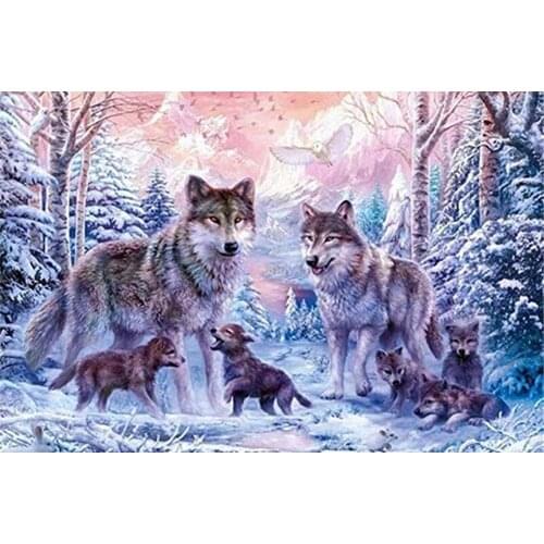 5D Full Square Round Drill Diamond Painting Snow Wolf and Wolf Cub Embroidery Cross Stitch Diy Handmade Crafts Christmas