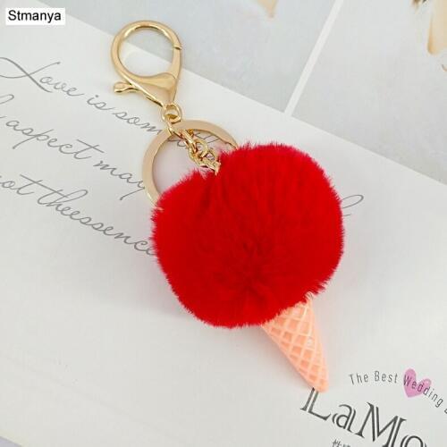 Ice Cream Key Chain 5cm Faux Fur Pom pom Keychain imitation Rex rabbit hair ball Key Holder Lovely Bag Charms Accessories K1664