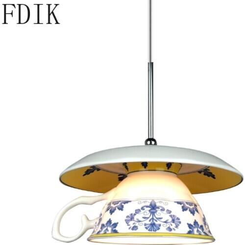 Chinese Style Single Head Ceramic Pendant Lamp Creative Coffee Cup Hanging Lights for Kitchen Coffee Art Decor Lighting Fixtues