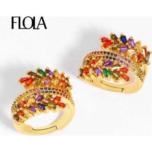 FLOLA Fashion Rainbow Olive Leaf Tree Rings For Women Gold Filled Adjustable Rings Crystal Cubic Zirconia Luxury Jewelry rigj28