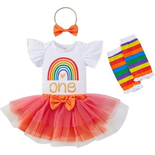 0-18M Infant Baby Girl Clothes Sets 1st Birthday Party Suits Flare Short Sleeves Bodysuit+Tulle Tutu Skirt+Leg Warmers+Headband