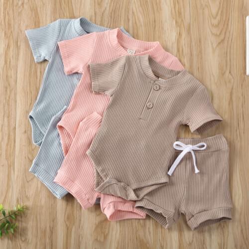 2Pcs Newborn Kids Baby Boys Girls Cotton Clothes Set Solid Striped Bodysuits Shorts Fashion Toddler Infant Outfits Summer Suit