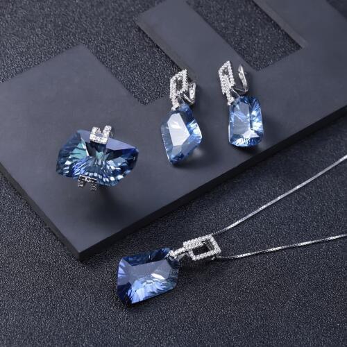 GEMS BALLET Irregular Natural Iolite Blue Mystic Quartz Geometric Jewelry Sets 925 Sterling Silver Necklace Earrings Ring Set