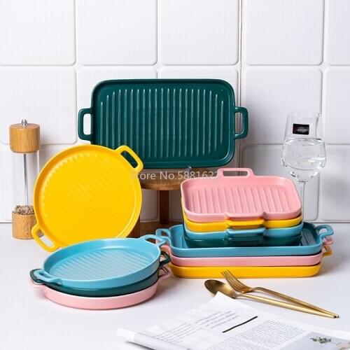 Creative Nordic Ceramic Baking Dish Dish Plate Oven Microwave Oven with Ears Binaural Tableware Matte Dark Green
