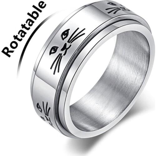 Lovely Cat Kitty Trendy Rings For Women Spinner Rotating Stainless Steel Womens Wedding Ring Box Comfort Fit Band