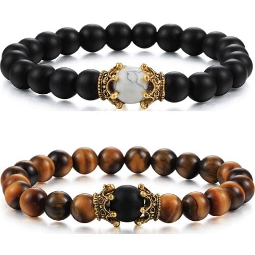 Trendy Crown Beaded Bracelet Natural Tiger Eye Stone Black Lava Men Elastic Bracelets&Bangles Women Gift Friend Fashion Jewelry