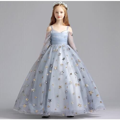 Flower Girl Dress Illusion Off The Shoulder Princess Floor-Length Spaghetti Straps Lace Tulle Sequined Pleat Kid Party Gown H162