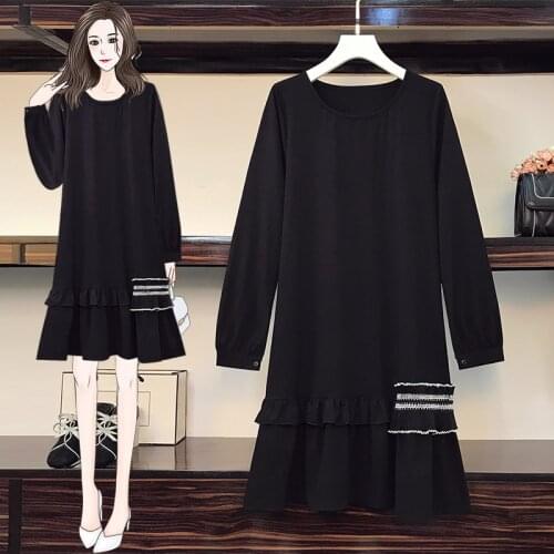 EHQAXIN Dresses For Womens 2021 Autumn Winter New Elegant Black A-Line Long-Sleeved Loose Hedging Ruffled Dress Ladies L-5XL