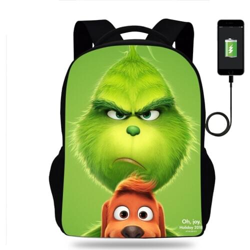 New Green Grinch Backpack Boy Girl Teenager School Bag Children Student Knapsack Men Women USB Charging Travel Bags Mochila
