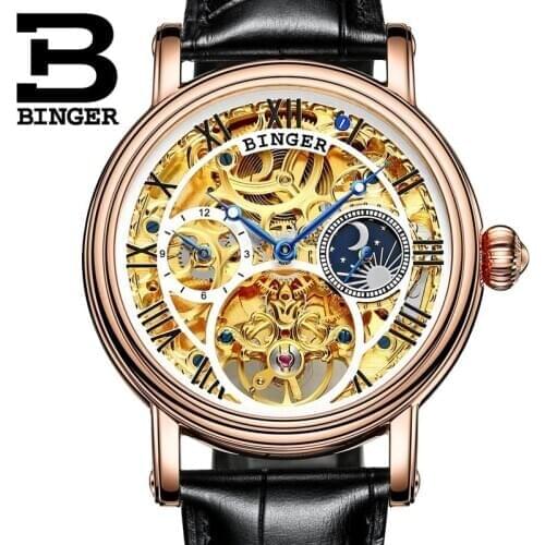 Switzerland BINGER mens automatic watch luxury brand Clock Relogio Masculino water resistant skeleton Mechanical Wristwatches