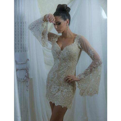 Sexy Cocktail Dresses Sheath V-neck Long Sleeves Appliques Lace Beaded Short Mini Homecoming Dresses
