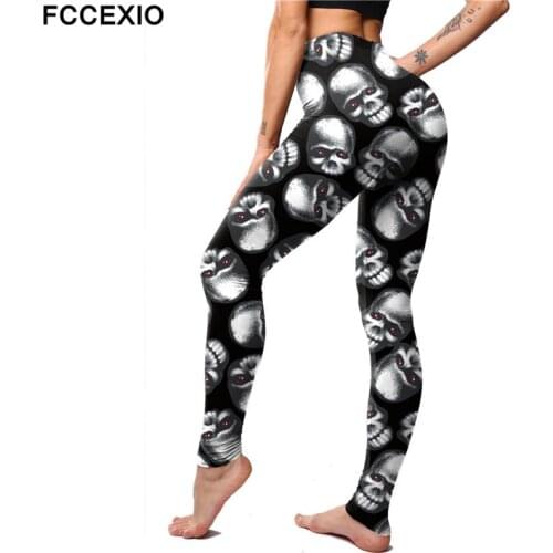 FCCEXIO Skull Print Sport Leggings Women Pants Female Elastic Leggins Quick Dry Capris Skinny Running Trouser Gym Fitness Tights
