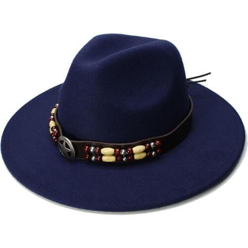 LUCKYLIANJI Retro Women Men Vintage 100% Wool Wide Brim Cap Fedora Panama Jazz Bowler Hat Star Bead Leather Band (57cm/adjusted)
