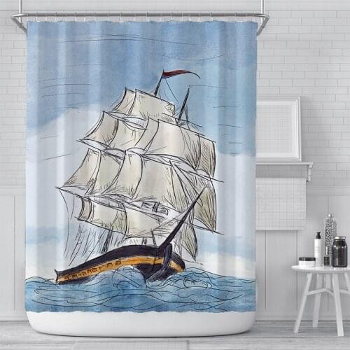 Sailboat Printing Shower Curtain Waterproof Color Sailboat Painting Bathroom Decorative Curtains With Hooks 180*180cm