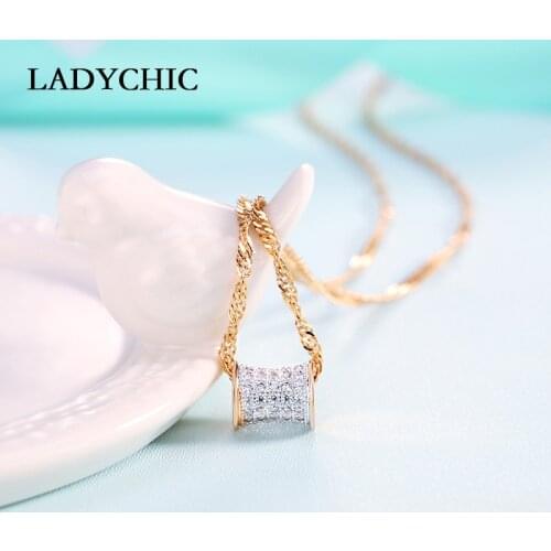 LADYCHIC Classic Design Shiny Round Pendant Fashion Gold Color CZ Cylinder Small Charm Women Necklaces Jewelry Wholesale LN1042
