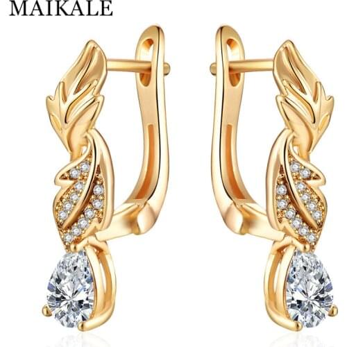 MAIKALE Classic Leaves Stud Earrings Water Drop White Cubic Zirconia Long earrings Gold Simple Korean Earrings For Women