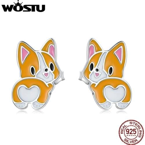 WOSTU 2021 925 Sterling Silver Animals Cute Lovely Corgi Stud Earrings For Women Fashion Party Jewelry CQE1281